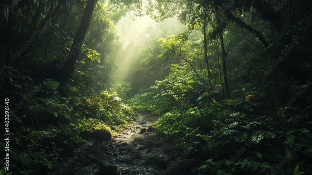 Obraz premium Sunrays shine through the dense rainforest canopy.