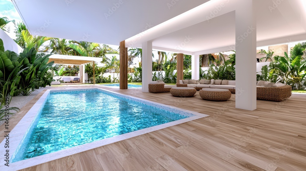 Fototapeta premium Luxury resort poolside patio with turquoise water, beige stone decking, and wooden seating under a white pergola. Lush tropical greenery surrounds