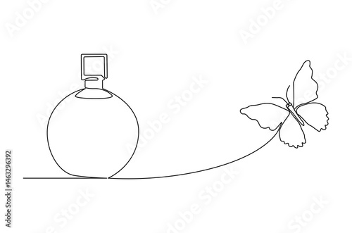 Continuous one line drawing of Perfume bottle with butterfly. Single line drawing illustration of Bottle of parfume luxury. Beauty and fashion concept vector art. Doodle line illustration.