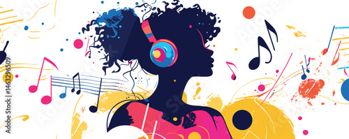 Vibrant silhouette of a woman listening to music with colorful headphones and musical notes.