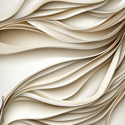 Abstract image of flowing, wavy beige and off white paper shapes against a bright white background. The curves create a sense of movement and