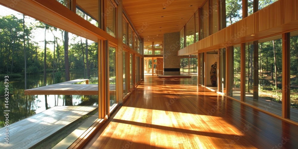 Fototapeta premium Modern Wooden House with Panoramic Lake Views: Interior Design and Architecture