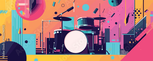 Colorful abstract drums and music-themed geometric artwork with vibrant shapes.