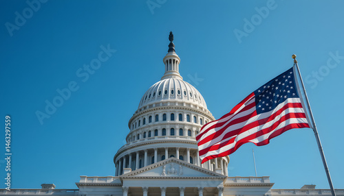 American flag waves before the u.S. Capitol building washington d.C. Government landmark bright sky outdoor civic pride