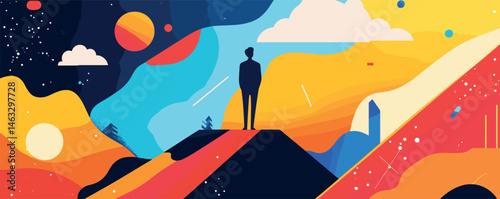 Abstract landscape with silhouette of man amidst vibrant geometric and cosmic elements.