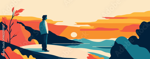 Man enjoying vibrant sunset landscape with mountains and ocean in minimalist art style.
