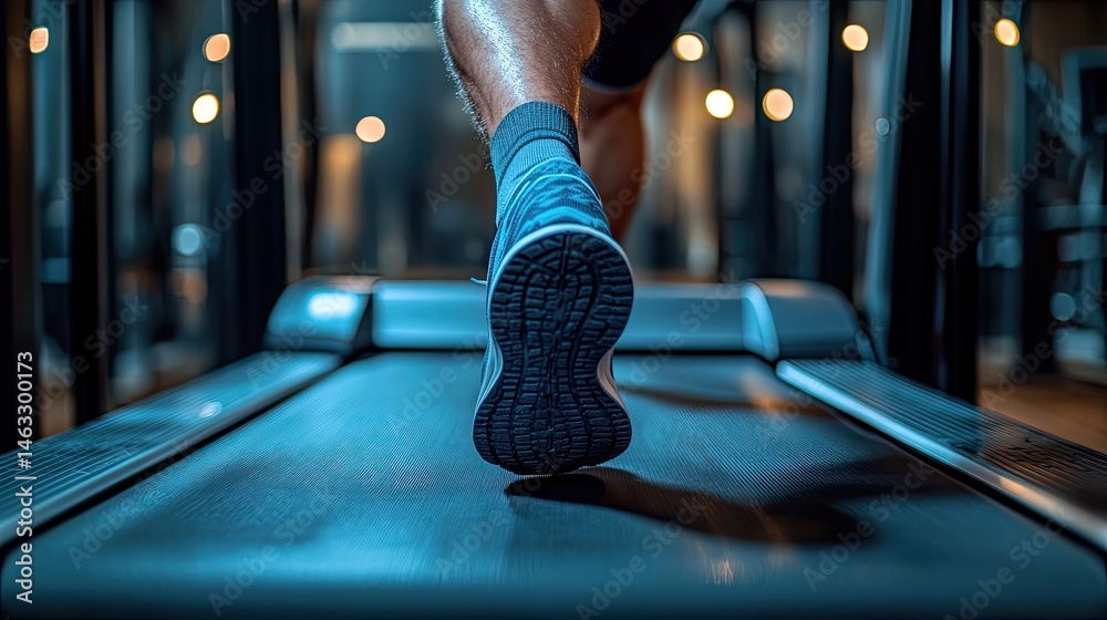 Fototapeta premium Close-up view of a person using a treadmill in a gym showing strength and focus while running towards fitness goals