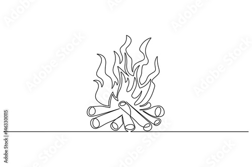 Continuous one line drawing of Bright bonfire. Single line drawing illustration of Burning bonfire. Wood and fire concept vector art. Doodle line illustration.
