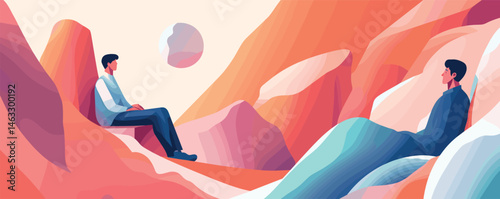 Two men in abstract mountainous landscape with earth-toned colors and geometric shapes.