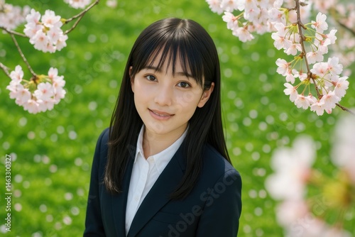 笑顔の若い日本人女性、桜の背景 photo