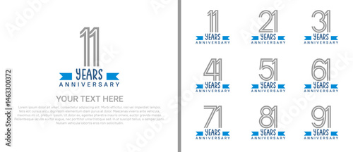 logo anniversary set. grey color with blue ribbon on white background for special event