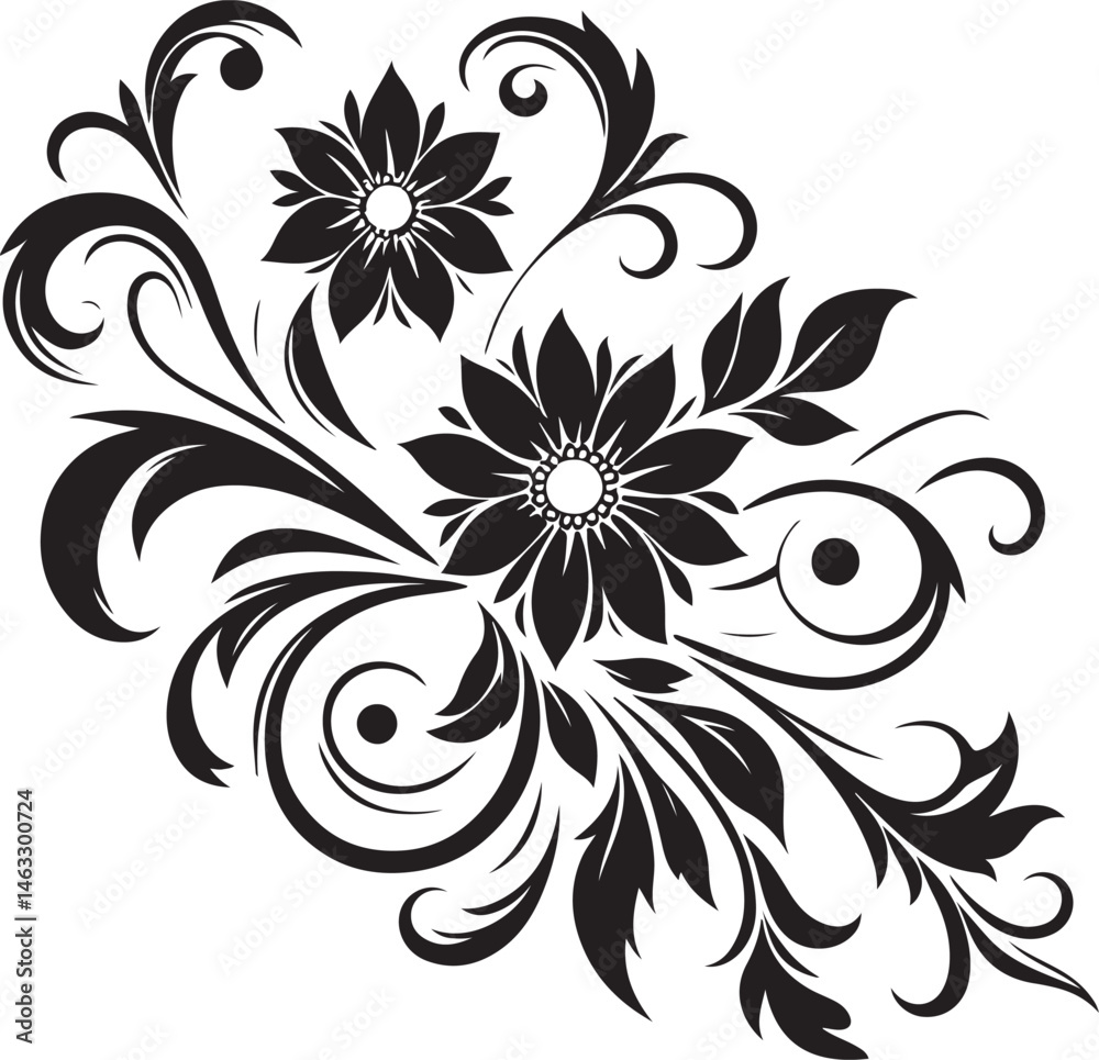 Elegant Black Floral Vector Design with Ornamental Swirls and Detailed Decorative Flowers for Invitations, Tattoos, and Graphic Artwork Elegant Black Floral Vector Design with Ornamental Swirls and Detailed Decorative Flowers for Invitations, Tattoos, and Graphic Artwork
