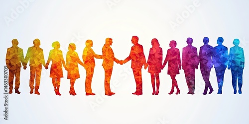 Colorful Polygonal Silhouettes of Diverse People Holding Hands Teamwork Collaboration Unity Partnership
