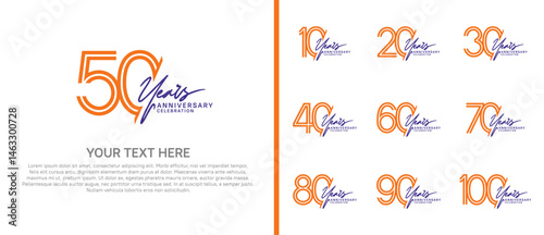 logo anniversary set. orange color with purple handwriting on white background for special event