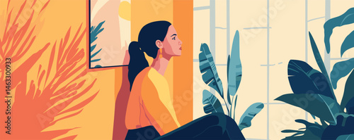 Woman sitting in sunlit room surrounded by indoor plants and art on wall.
