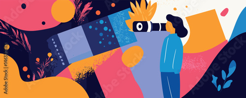 Abstract art: person looking through telescope in colorful surreal landscape.