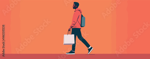 Young man walking with shopping bag and backpack in urban setting.