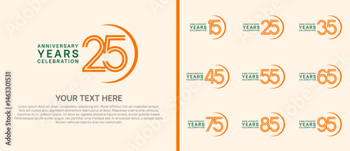 logo anniversary set. orange and green color with swoosh on white background for special event