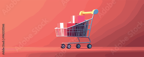 Empty shopping cart with boxes on red background.