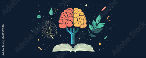 Colorful brain illustration with open book and nature elements on dark background.