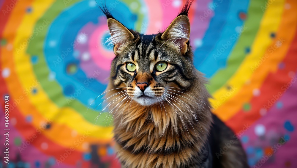 A cat sits on a background of rainbow colors A cat sits on a background of rainbow colors