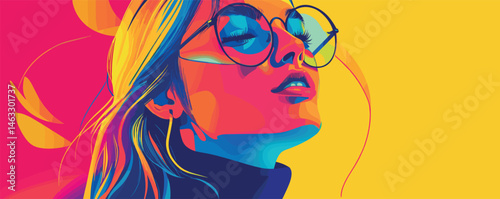 Colorful pop art style portrait of a young woman with glasses against a bright background.