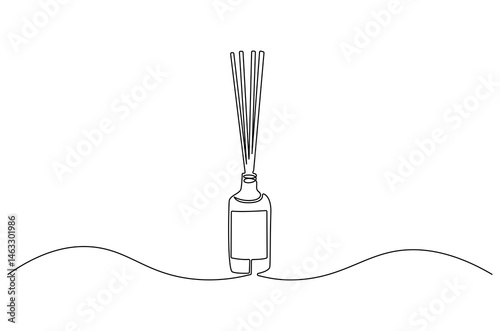 Continuous one line drawing of Candle and Reed Diffuser Oil. Single line drawing illustration of Reed diffuser bottle. Aromatic diffuser concept vector art. Doodle line illustration.