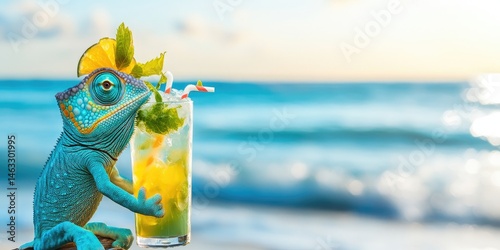 Chameleon Enjoying a Tropical Cocktail by the Ocean: A Summertime Delight