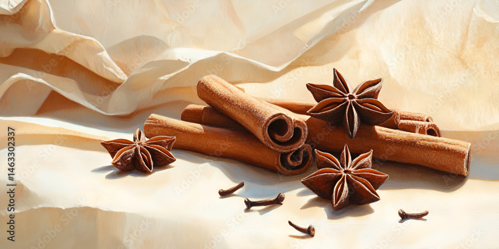 Cinnamon Sticks and Star Anise on Rustic Parchment