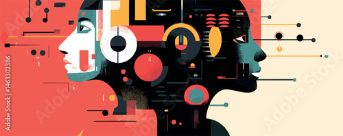 Abstract faces in profile with geometric patterns and modern art elements.