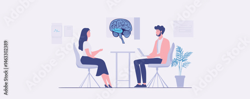 Two professionals discussing brain health in a modern office setting.