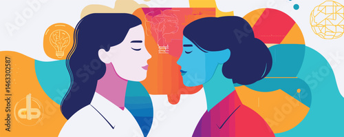 Colorful abstract art: two women faces, opposing profiles in vibrant modern design.