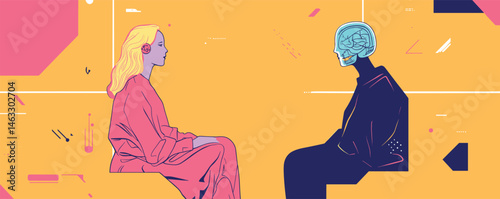 Colorful abstract illustration of woman and ai figure facing each other in modern art style.
