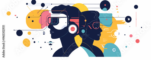 Futuristic silhouettes with vr headsets reflecting digital connectivity and innovation.