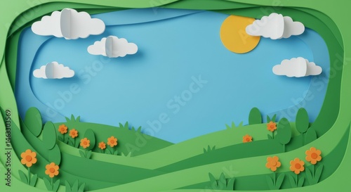 Paper Cutout Landscape with Rolling Hills, Sun, and Clouds