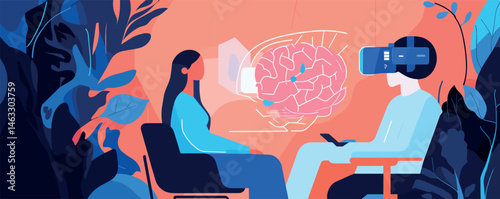 Man and woman in vr therapy session discussing brain health amidst abstract foliage.