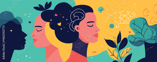 Vibrant abstract faces of diverse women with nature and patterns.
