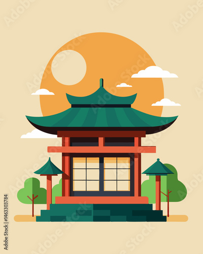 The traditional Japanese teahouse was adorned with discreet solar panels providing an ecofriendly touch to the iconic architecture.. Vector illustration