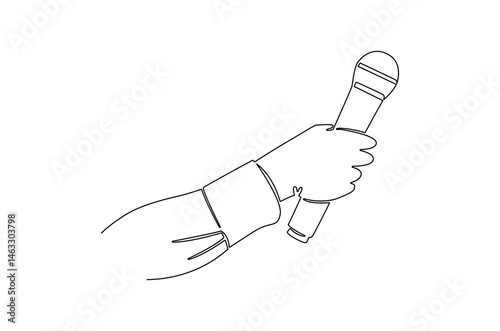 Continuous one line drawing of Hand holding microphone. Single line drawing illustration of for Microphone interview. World press freedom concept vector art. Doodle line illustration.