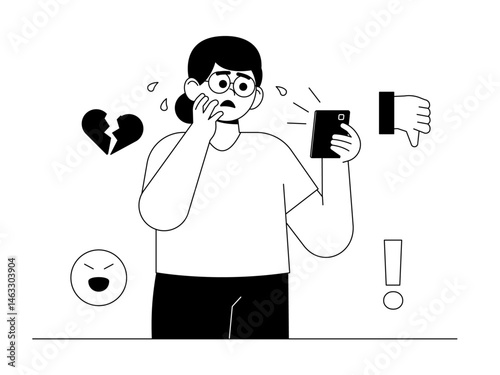 Bullying carried out on social media can cause mental stress. Social issue vector illustration. Black and white style. Flat and outline illustration concept.