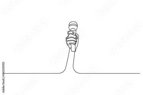 Continuous one line drawing of Hand holding microphone. Single line drawing illustration of for Microphone interview. World press freedom concept vector art. Doodle line illustration.