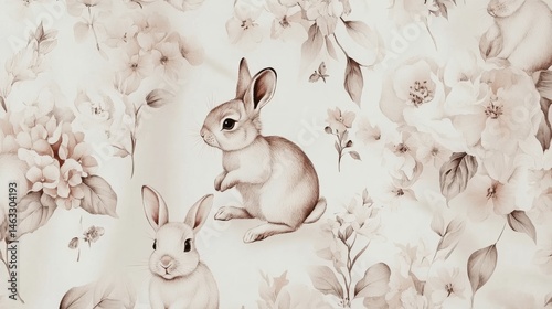 Vintage Floral Pattern with Cute Rabbits on Soft Cream Background for Home Decor and Design