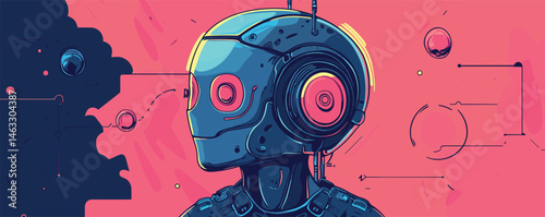 Futuristic robot with headphones on bright abstract background with geometric elements.