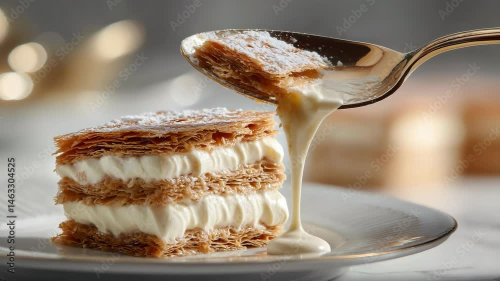 Close up of a creamy mille feuille pastry on a white plate, with a gold spoon scooping a portion. Soft lighting enhances the texture and layers.