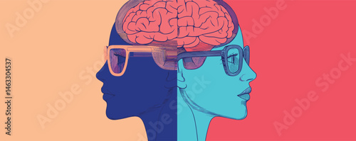 Abstract illustration of two women's profiles with brain and glasses in colorful contrast.