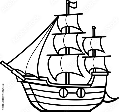 vintage pirate ship outline vector illustration, line art