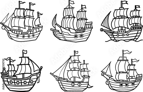 Set of vintage pirate ship outline vector illustration, line art