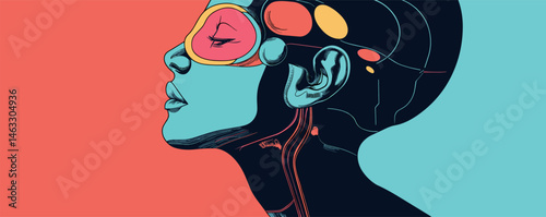 Colorful abstract profile of a woman with vibrant geometric designs.
