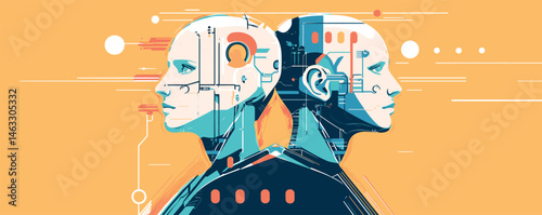 Futuristic digital artwork of two cybernetic faces in profile with circuit patterns.