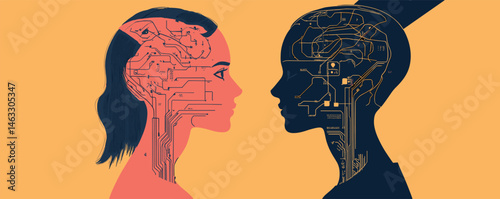 Silhouette profiles of cyborgs with circuitry on yellow background facing each other.